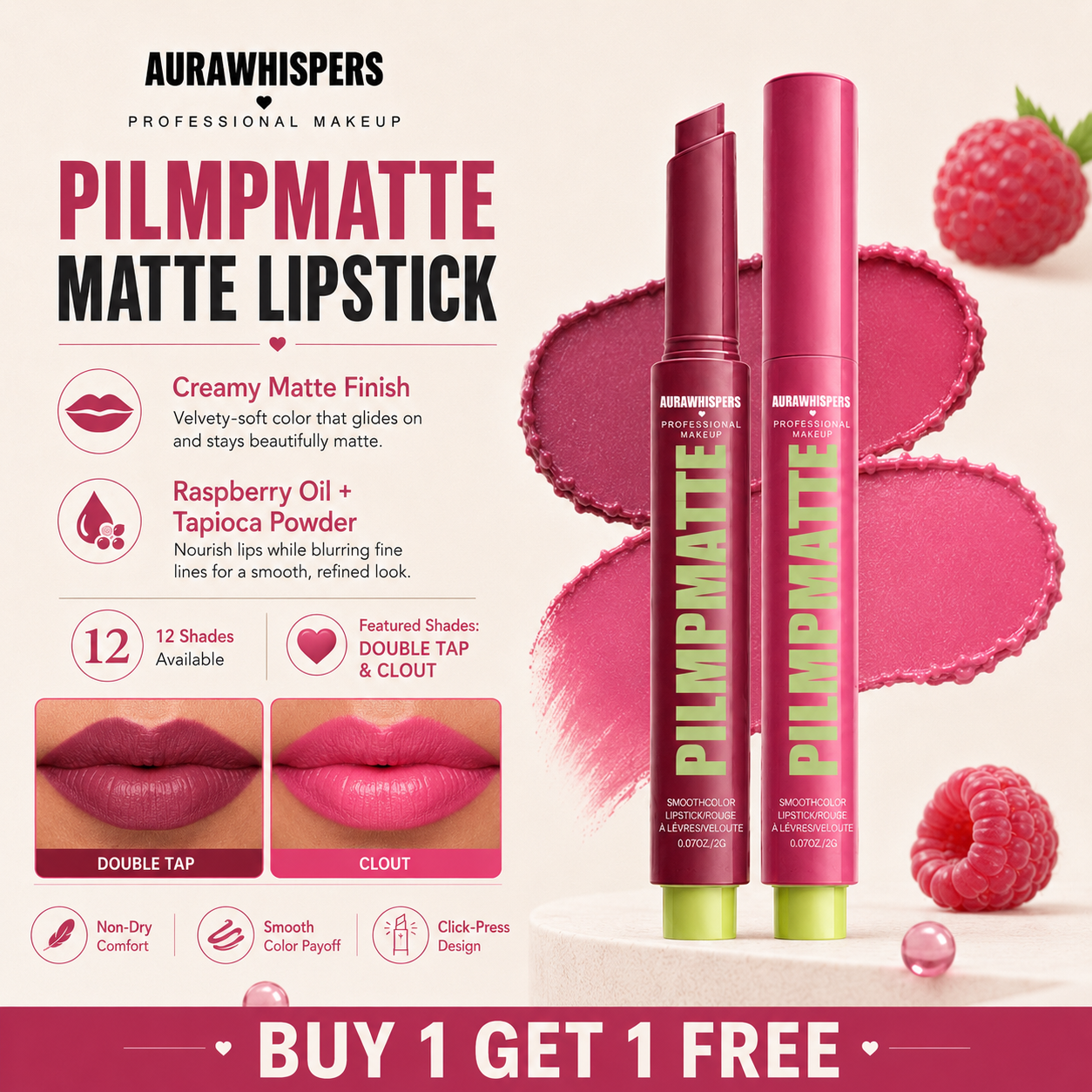Last Day Buy 1 Get 1 Free PILMPMATTE Lipstick - Smooth Color Lipstick with Cushion-Soft Formula - Moisturizing, Lightweight, Creamy Pigments, Aurawhispers