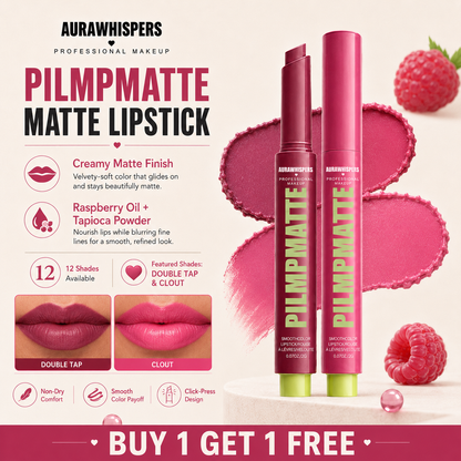 Last Day Buy 1 Get 1 Free PILMPMATTE Lipstick - Smooth Color Lipstick with Cushion-Soft Formula - Moisturizing, Lightweight, Creamy Pigments, Aurawhispers