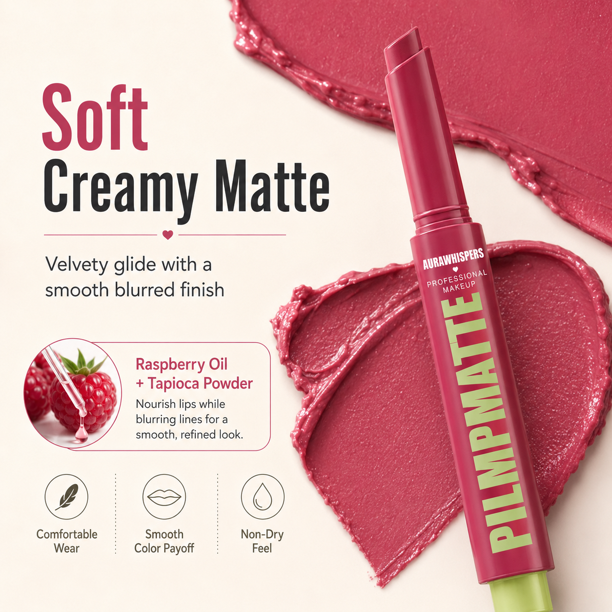 Last Day Buy 1 Get 1 Free PILMPMATTE Lipstick - Smooth Color Lipstick with Cushion-Soft Formula - Moisturizing, Lightweight, Creamy Pigments, Aurawhispers